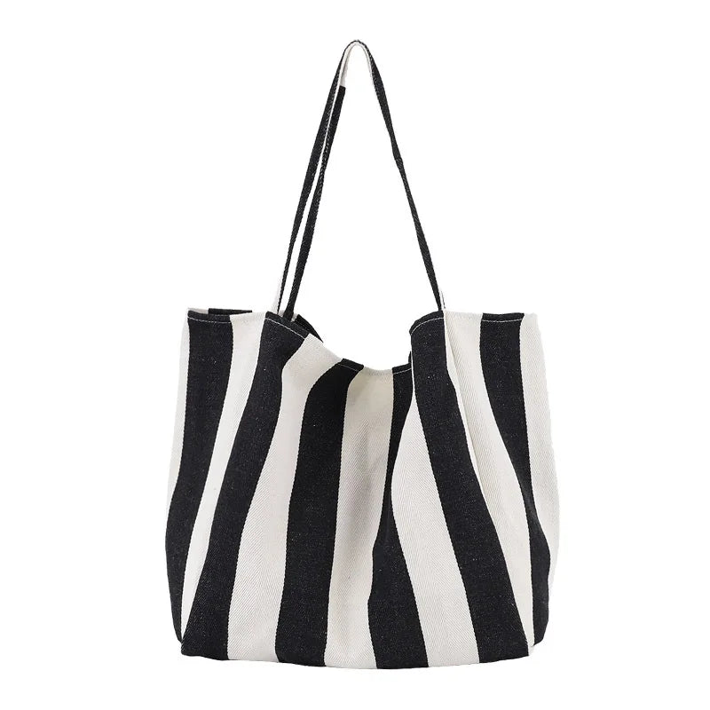 Striped Big Canvas Tote Bag for Women Summer Beach Classical Fabric Soft Large H