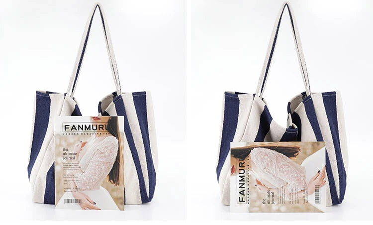 Striped Big Canvas Tote Bag for Women Summer Beach Classical Fabric Soft Large H