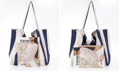 Striped Big Canvas Tote Bag for Women Summer Beach Classical Fabric Soft Large H