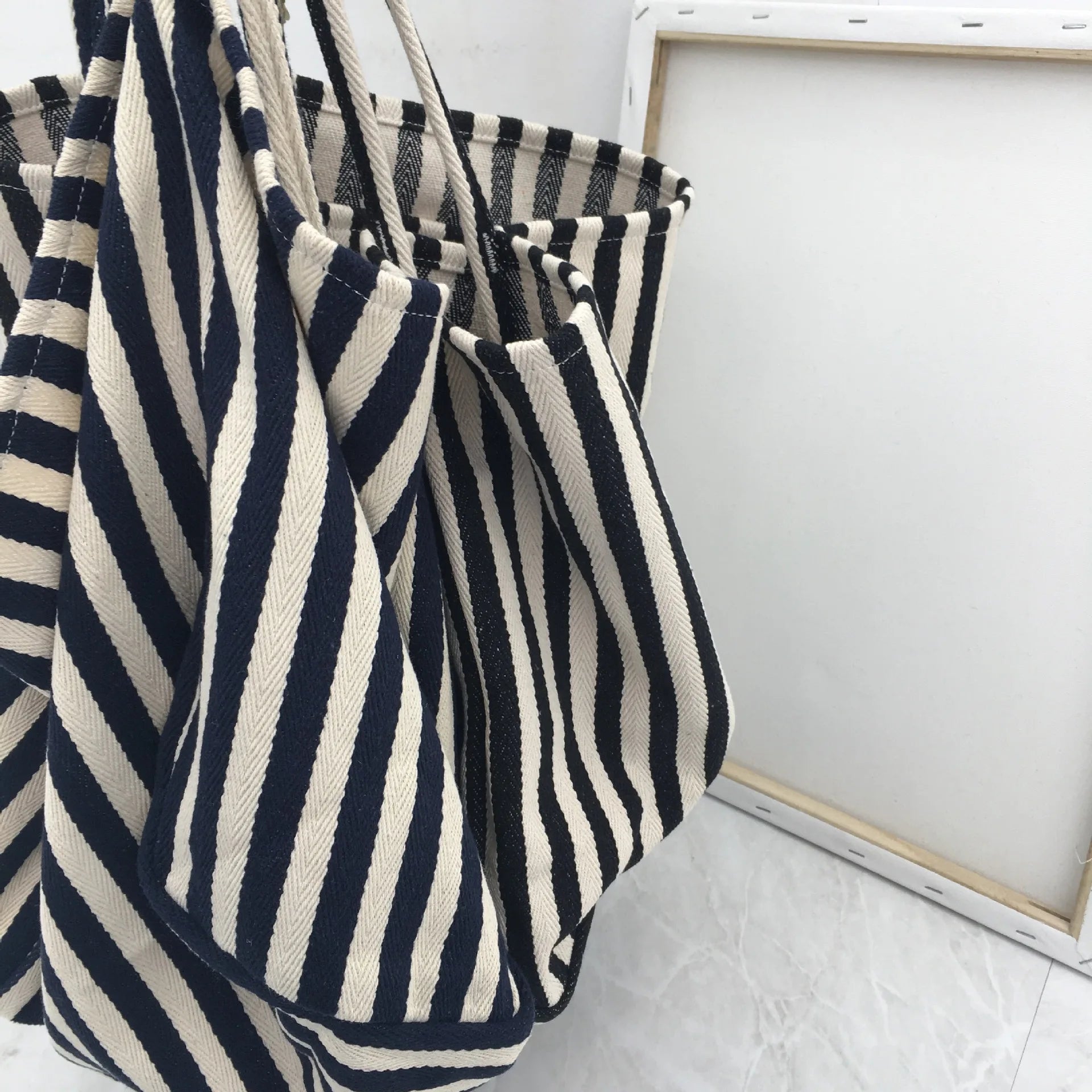 Striped Canvas Shoulder Bag Large Capacity Diagonal Tote Casual Shopping Bag