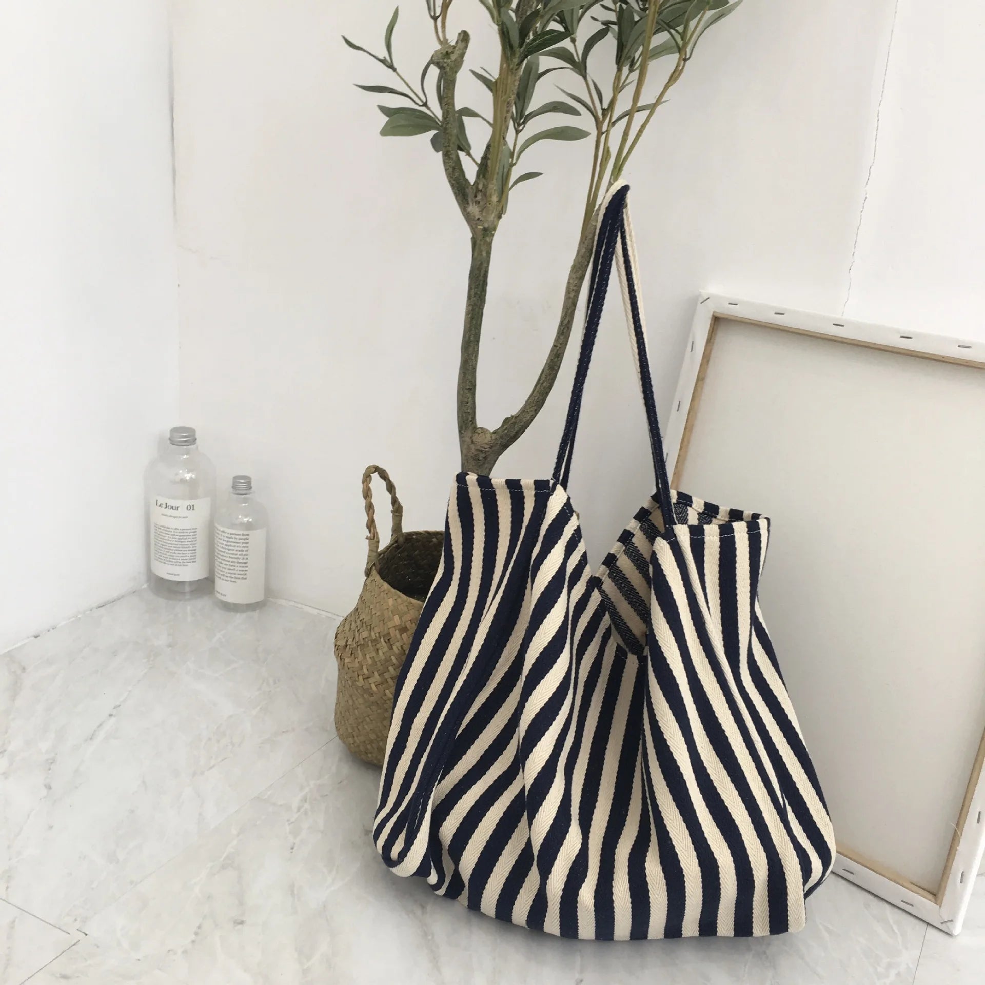 Striped Canvas Shoulder Bag Large Capacity Diagonal Tote Casual Shopping Bag