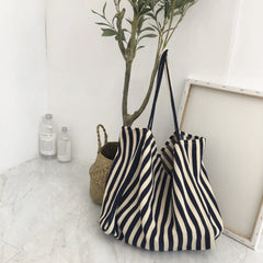 Striped Canvas Shoulder Bag Large Capacity Diagonal Tote Casual Shopping Bag