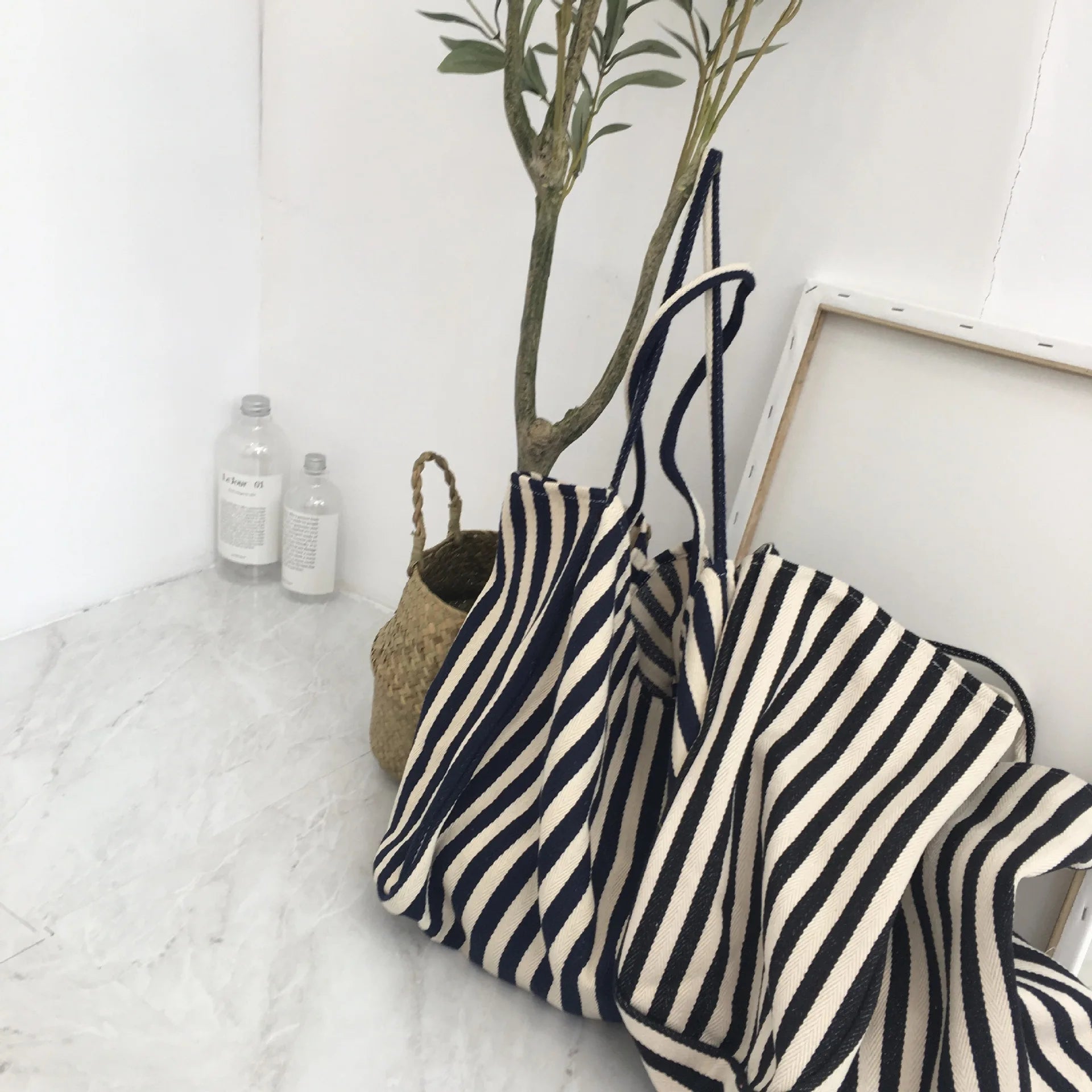 Striped Canvas Shoulder Bag Large Capacity Diagonal Tote Casual Shopping Bag