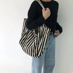Striped Canvas Shoulder Bag Large Capacity Diagonal Tote Casual Shopping Bag