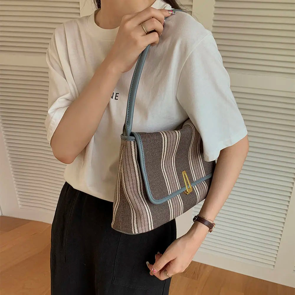 Striped Canvas Shoulder Bags Women Retro Office Lady Large Capacity Totes Bag