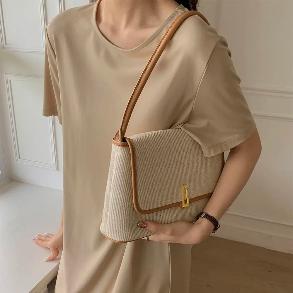 Striped Canvas Shoulder Bags Women Retro Office Lady Large Capacity Totes Bag
