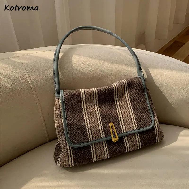 Striped Canvas Shoulder Bags Women Retro Office Lady Large Capacity Totes Bag