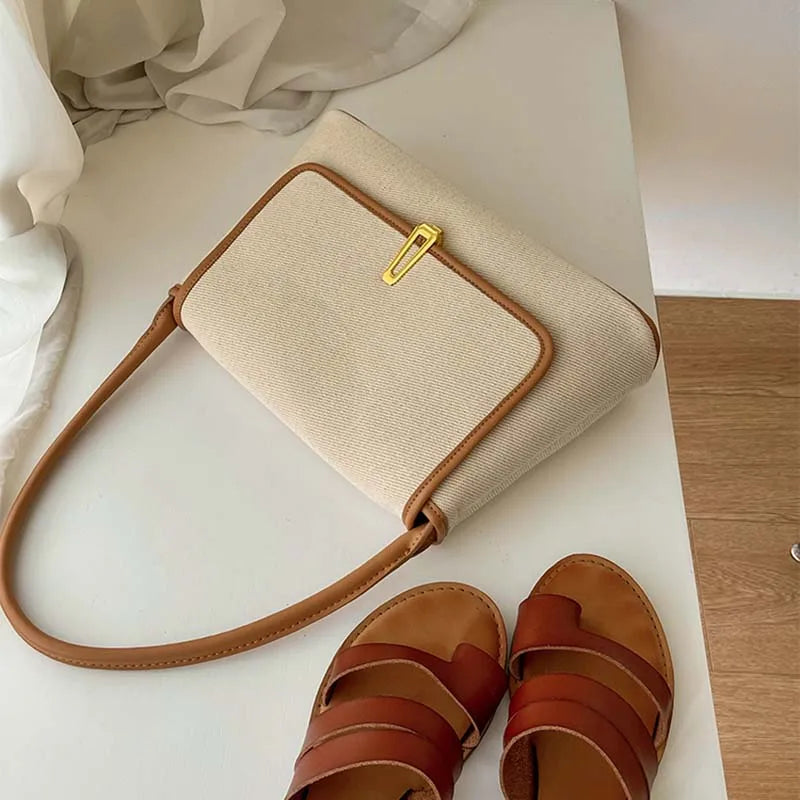 Striped Canvas Shoulder Bags Women Retro Office Lady Large Capacity Totes Bag