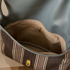 Striped Canvas Shoulder Bags Women Retro Office Lady Large Capacity Totes Bag