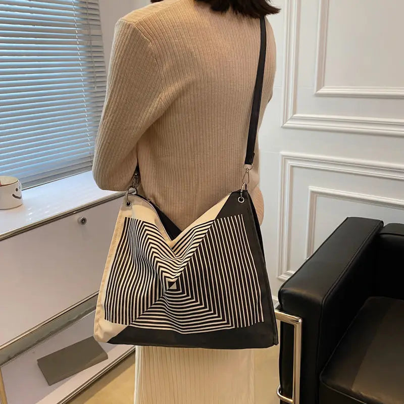 Striped Shoulder Bags Women Casual Tote Nylon Handbags Large Capacity