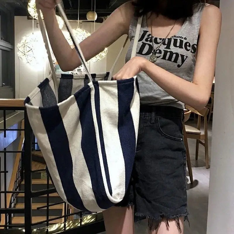 Striped Shoulder Bags Women Large Capacity Shopping Casual Tote Bag