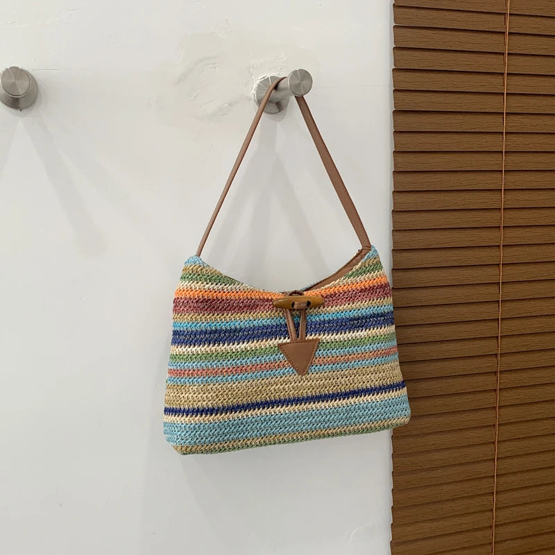 Striped Straw Shoulder Bag For Women Woven Handbag Raffia Rattan Bag