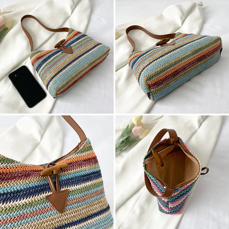Striped Straw Shoulder Bag For Women Woven Handbag Raffia Rattan Bag