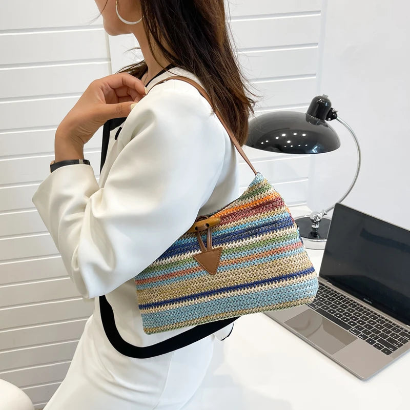 Striped Straw Shoulder Bag For Women Woven Handbag Raffia Rattan Bag
