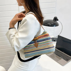 Striped Straw Shoulder Bag For Women Woven Handbag Raffia Rattan Bag