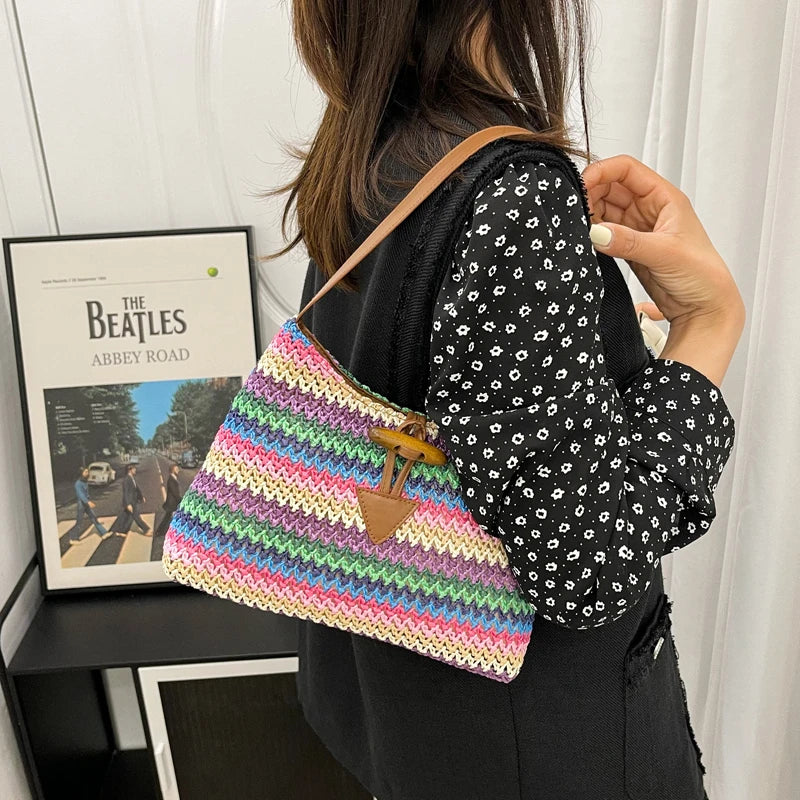 Striped Straw Shoulder Bag For Women Woven Handbag Raffia Rattan Bag