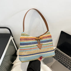 Striped Straw Shoulder Bag For Women Woven Handbag Raffia Rattan Bag