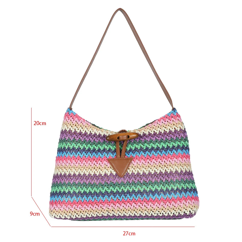Striped Straw Shoulder Bag For Women Woven Handbag Raffia Rattan Bag