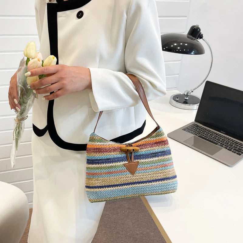 Striped Straw Shoulder Bag For Women Woven Handbag Raffia Rattan Bag