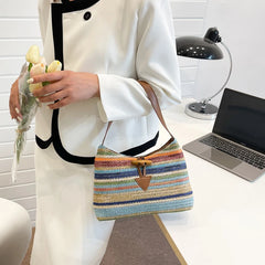Striped Straw Shoulder Bag For Women Woven Handbag Raffia Rattan Bag