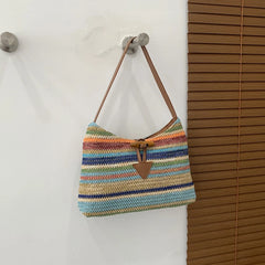 Striped Straw Shoulder Bag For Women Woven Handbag Raffia Rattan Bag
