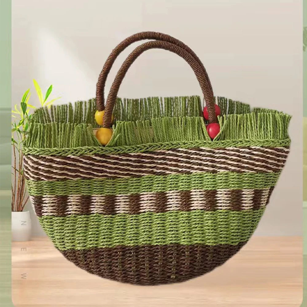 Striped Tassel Basket Bag Handbags Beading Beach Bags for Women