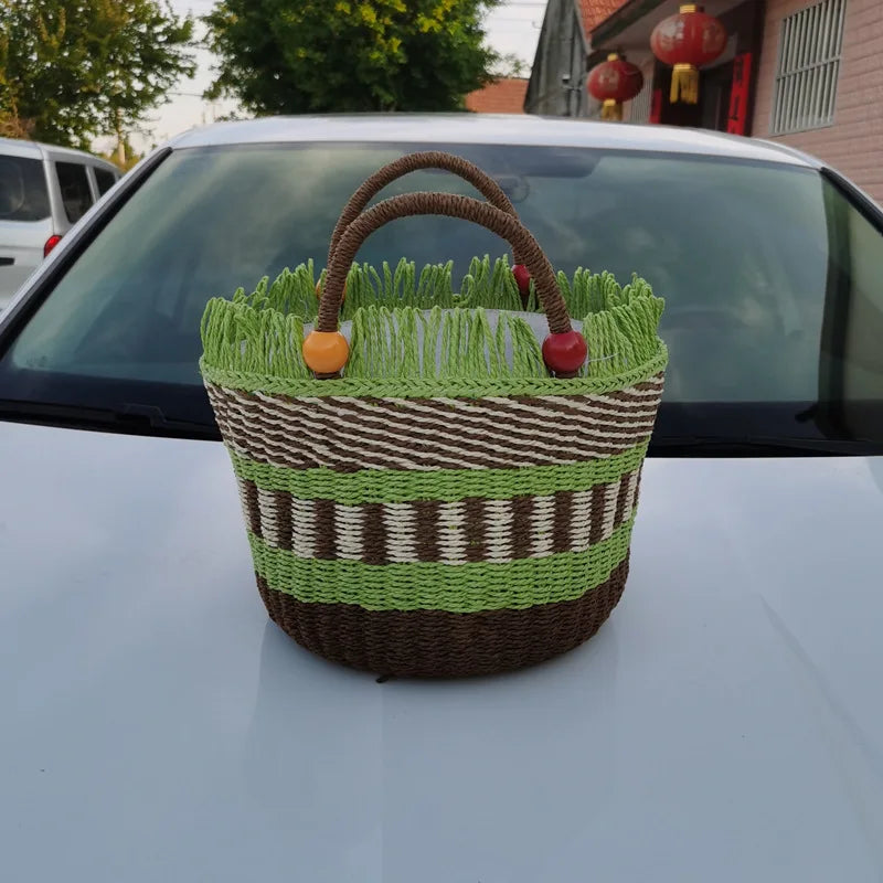 Striped Tassel Basket Bag Handbags Beading Beach Bags for Women
