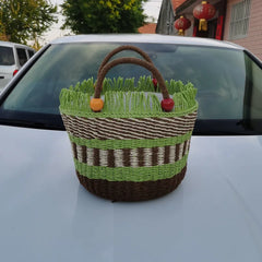Striped Tassel Basket Bag Handbags Beading Beach Bags for Women