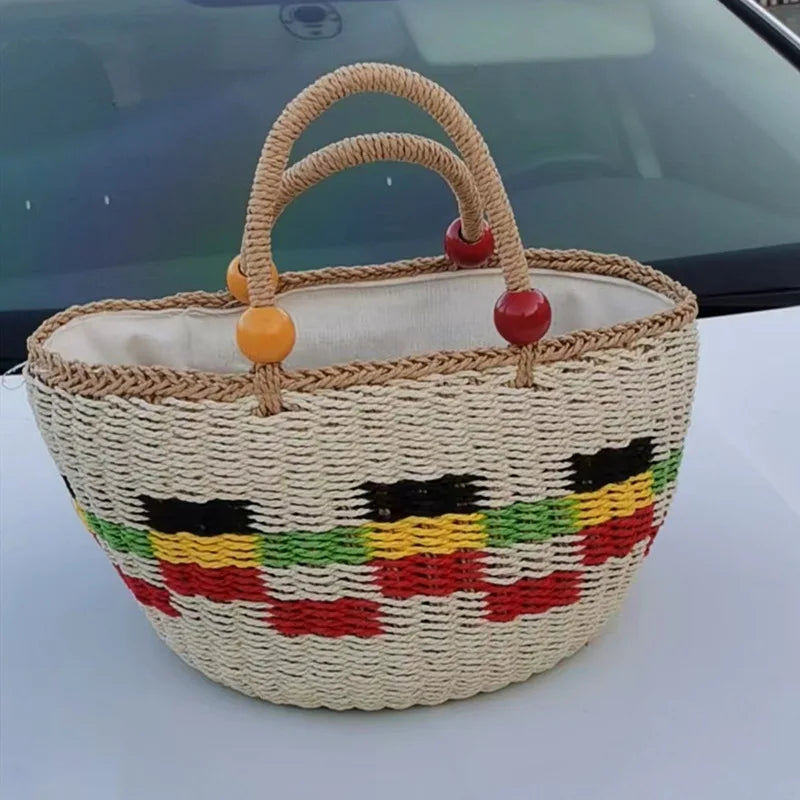 Striped Tassel Basket Bag Handbags Beading Beach Bags for Women