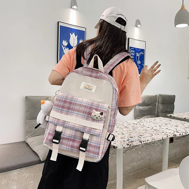 Striped Women School Bag for Girls Canvas Backpack Female Anti Theft Bagpack Nyl