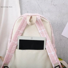 Canvas College Backpack Plaid School Bag Set for Teenager Girl Women