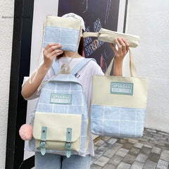 Canvas College Backpack Plaid School Bag Set for Teenager Girl Women