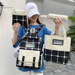 Canvas College Backpack Plaid School Bag Set for Teenager Girl Women