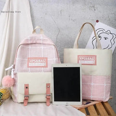 Canvas College Backpack Plaid School Bag Set for Teenager Girl Women