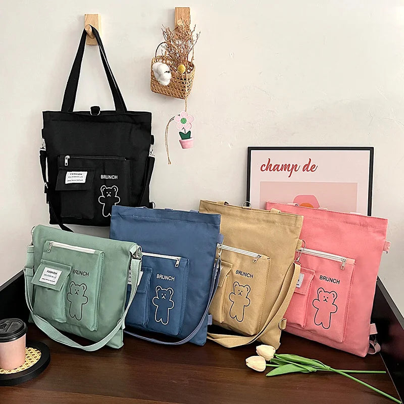 Student Canvas Shoulder Bag Large Capacity Tote Multiple Options