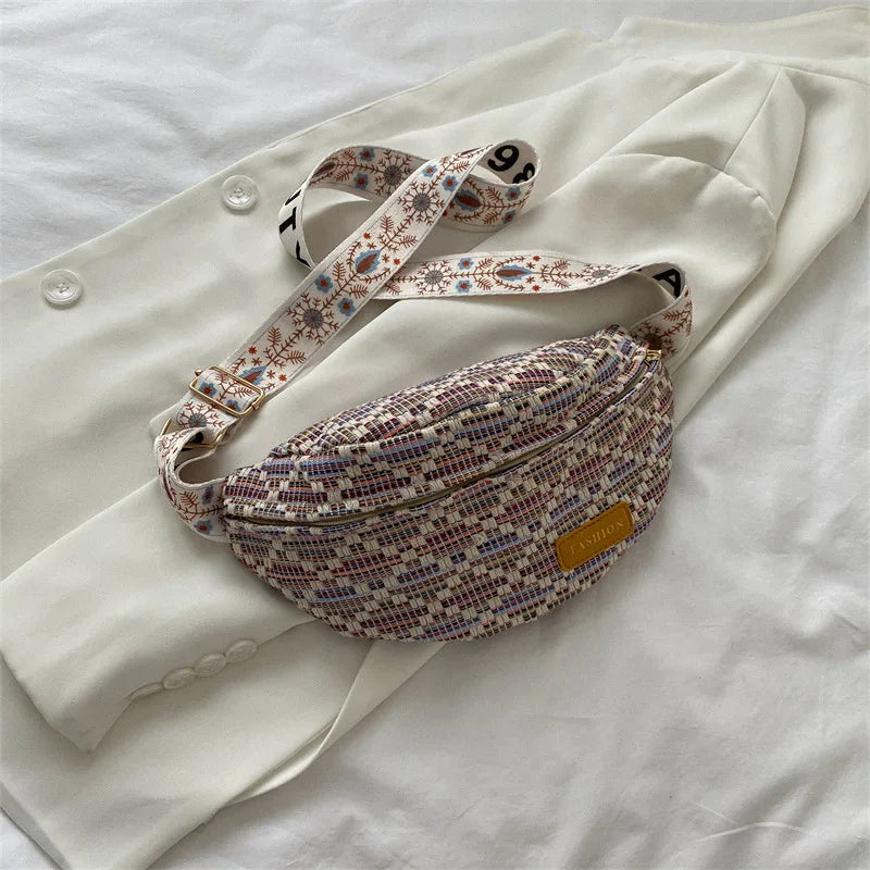 Stylish Knitted Nylon Waist Pack Female Diamond Lattice Crossbody Bag