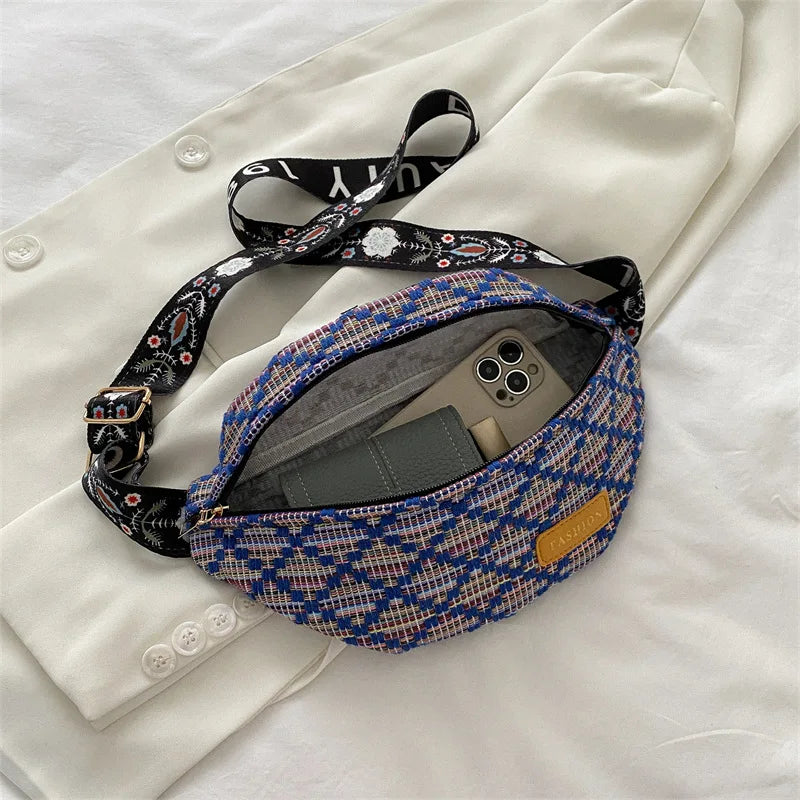Stylish Knitted Nylon Waist Pack Female Diamond Lattice Crossbody Bag