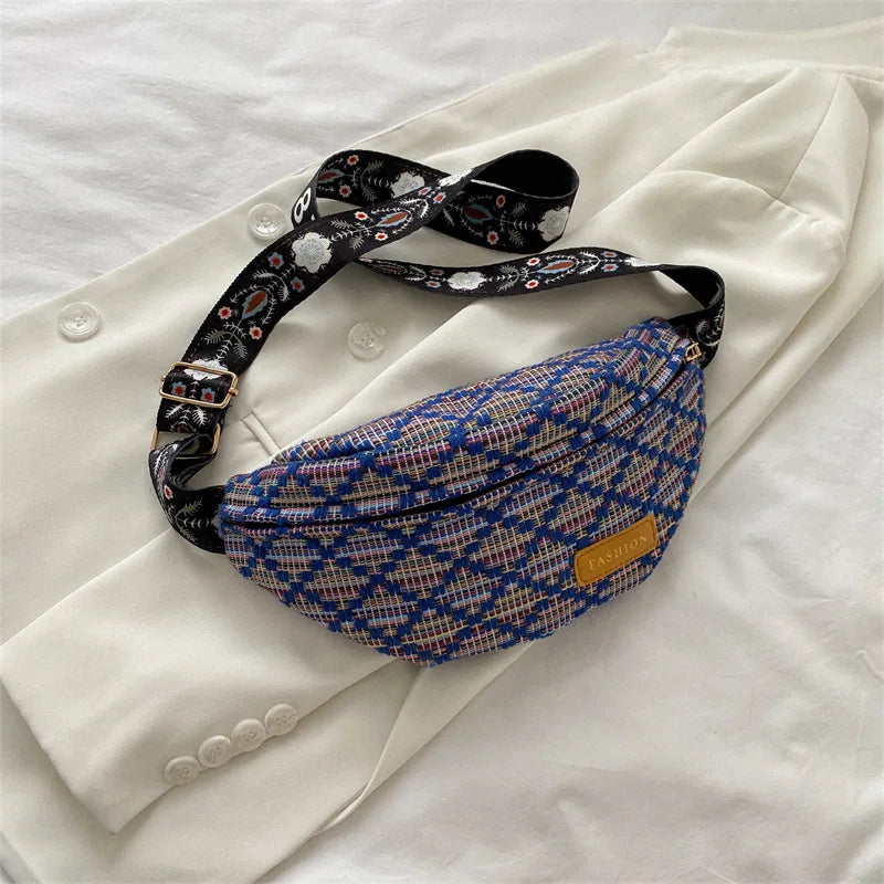 Stylish Knitted Nylon Waist Pack Female Diamond Lattice Crossbody Bag