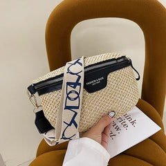 Stylish Knitted Straw Waist Bag Woven Fanny Pack Wide Strap Crossbody Chest Bag