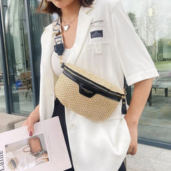 Stylish Knitted Straw Waist Bag Woven Fanny Pack Wide Strap Crossbody Chest Bag