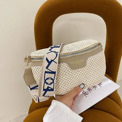 Stylish Knitted Straw Waist Bag Woven Fanny Pack Wide Strap Crossbody Chest Bag