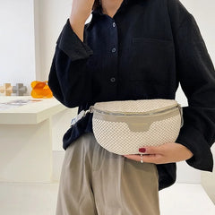 Stylish Knitted Straw Waist Bag Woven Fanny Pack Wide Strap Crossbody Chest Bag