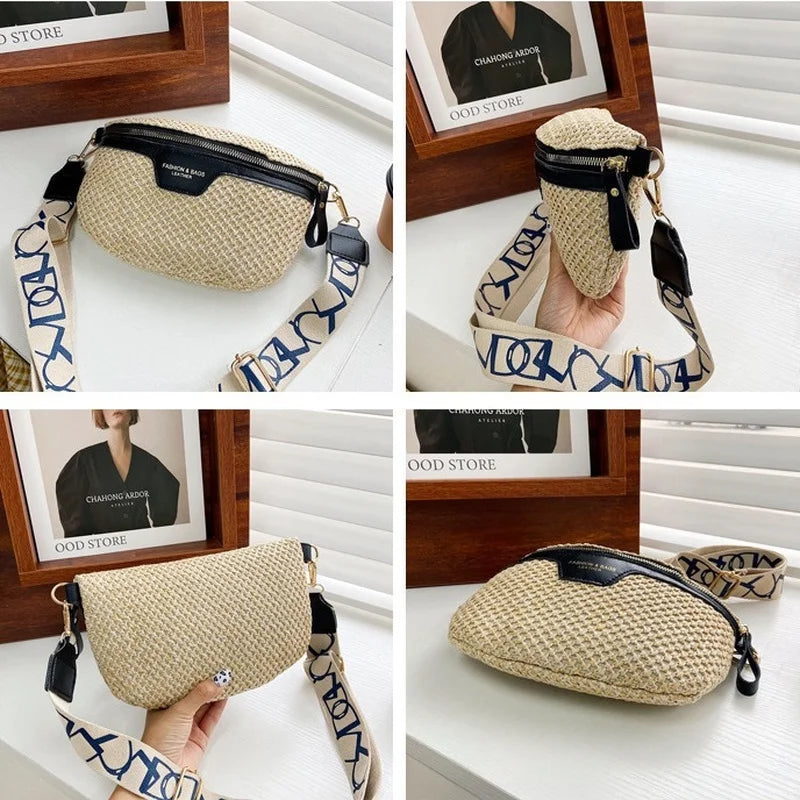 Stylish Knitted Straw Waist Bag Woven Fanny Pack Wide Strap Crossbody Chest Bag
