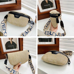 Stylish Knitted Straw Waist Bag Woven Fanny Pack Wide Strap Crossbody Chest Bag