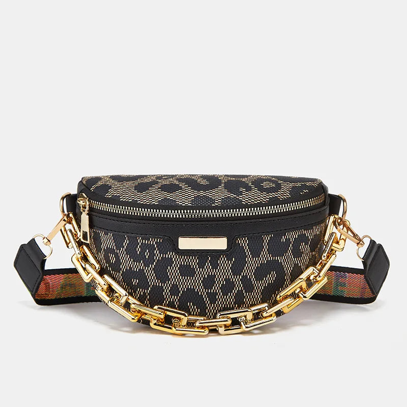 Leopard Printed PU Leather Chain Waist Bag for Women Fanny Pack