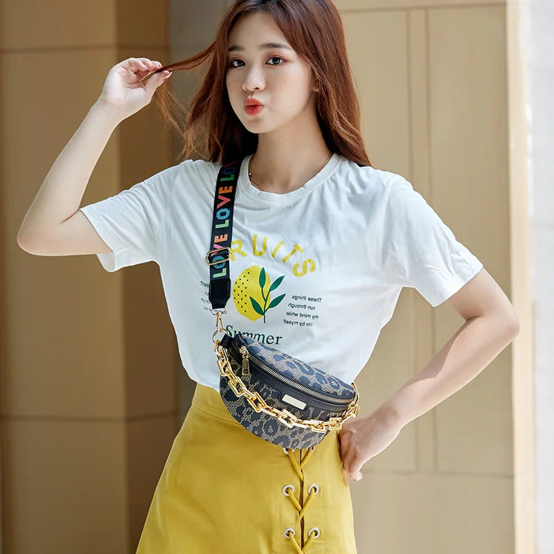 Leopard Printed PU Leather Chain Waist Bag for Women Fanny Pack