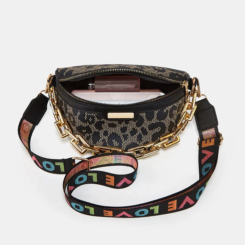 Leopard Printed PU Leather Chain Waist Bag for Women Fanny Pack