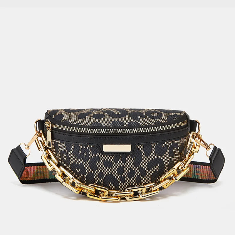 Leopard Printed PU Leather Chain Waist Bag for Women Fanny Pack
