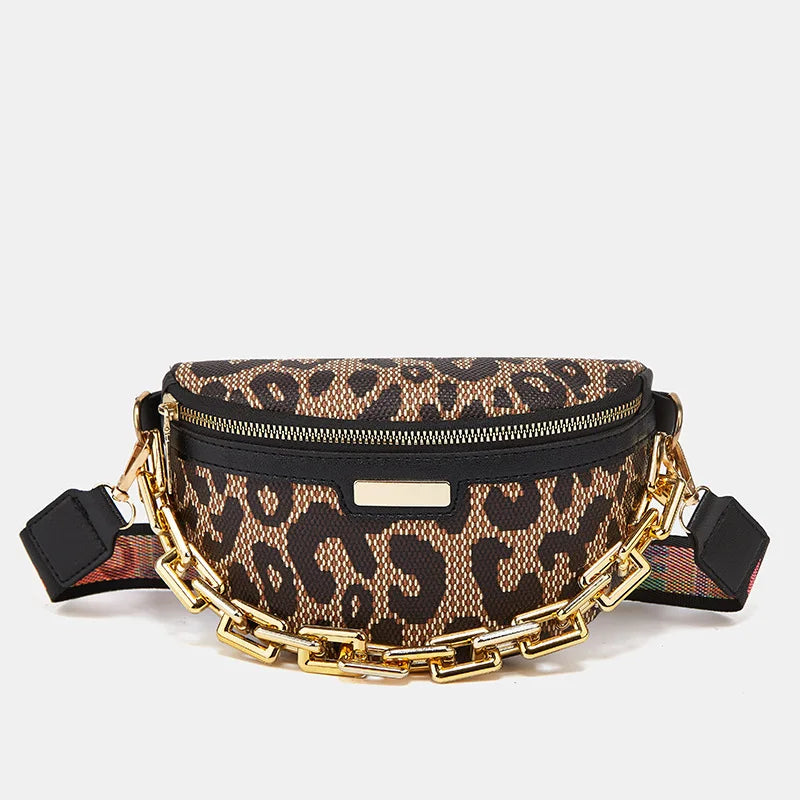 Leopard Printed PU Leather Chain Waist Bag for Women Fanny Pack