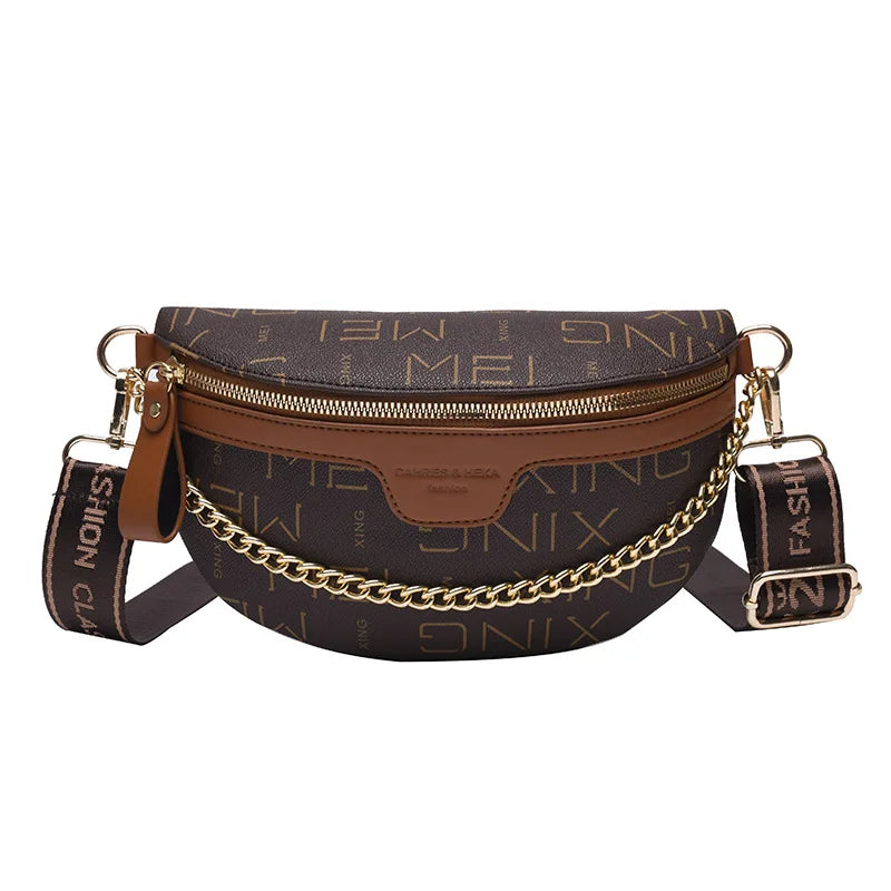 Letter Printed PU Leather Chain Waist Bag for Women Fanny Pack